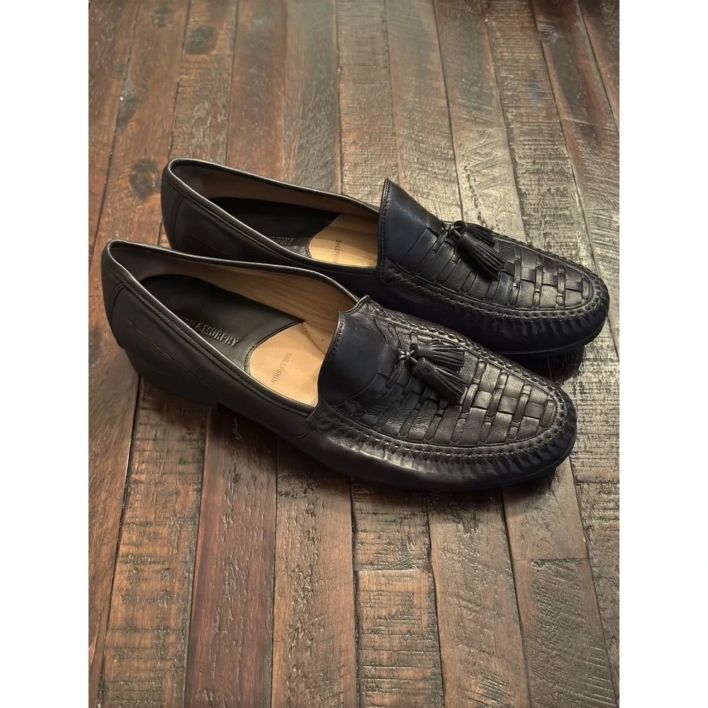 Johnston & Murphy Men's 11M Black Sheepskin Leather Woven Tassel Dress Loafers